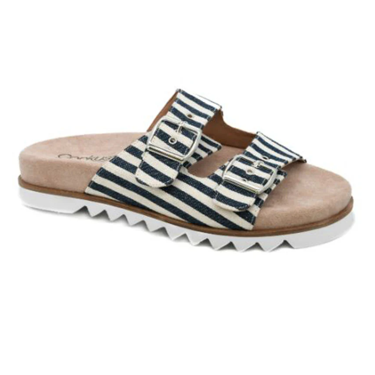 The Dash Navy Striped 2 Buckle Slide Sandal by CORKY'S FOOTWEAR INC features a white sole, tan footbed, and stylish black and white fabric straps with two silver buckles.