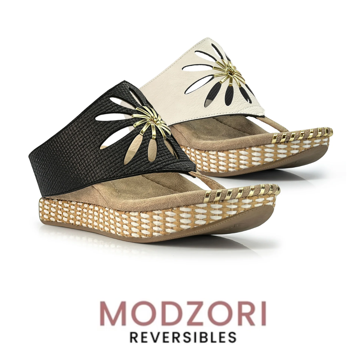 Two Flora #1 wedge sandals by MODZORI, reversible from black to bone, featuring convertible straps, a laser-cut floral pattern, and woven sole details.