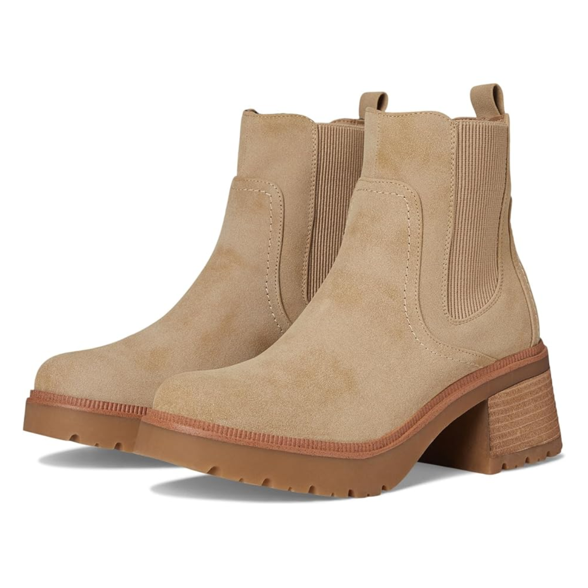 The Irie Block Heel Boot by MIA features tan suede, chunky brown heels, elastic side panels, a contoured footbed for comfort, and pull tabs at the back.