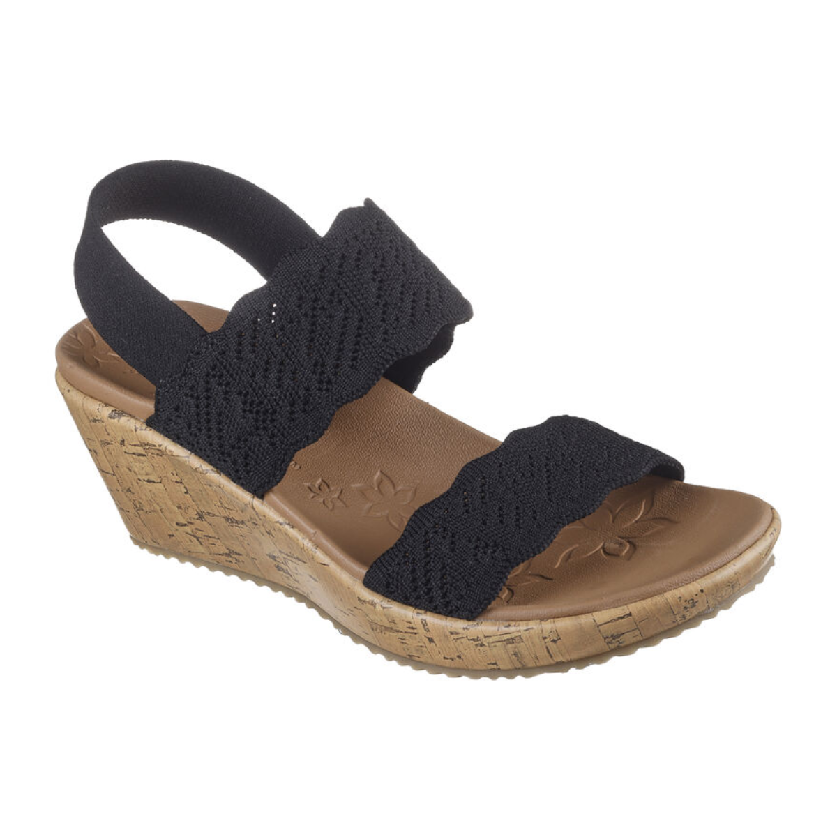 The Timeless Touch Wedge by Skechers in Black features a textured sole and woven straps, with a floral insole design.