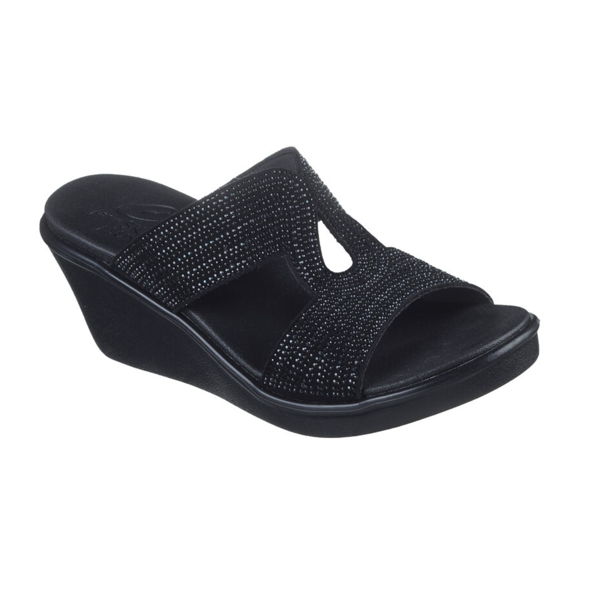 The Shining Night Wedge by SKECHERS in black features an open toe, a Luxe Foam® footbed, and two rhinestone-embellished straps.