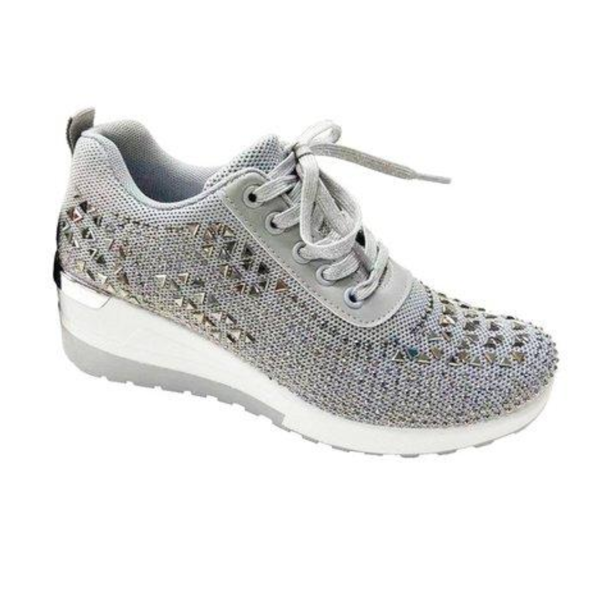 The GND Sparkle Wedge Sneaker in Grey features a silver finish with rhinestone embellishments, a white sole, and a small wedge heel for an elegant lift to your stride.