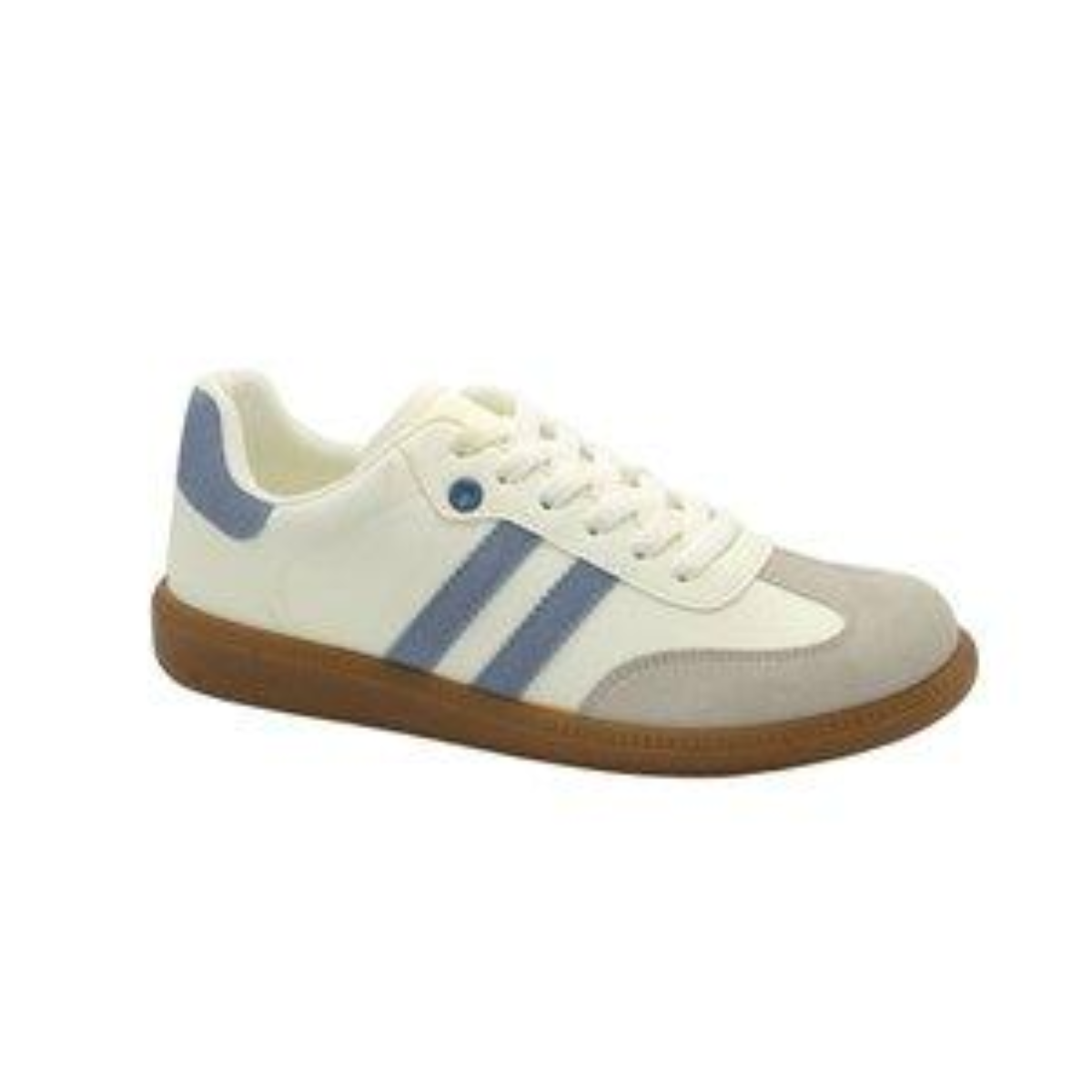 The GND Sneaker in Blue and White by GND has blue stripes, beige accents, and a brown rubber sole—ideal for a fresh spring vibe.