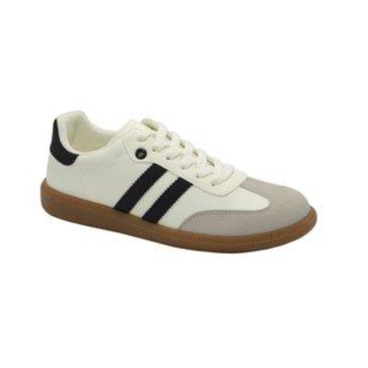 The GND Sneaker in Black and White by GND features a beige toe cap, brown sole, and comes in whole sizes.