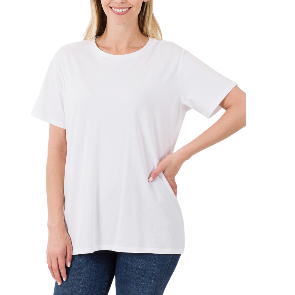 Person in a Fashiongo Boyfriend Round Neck Tee and blue jeans, smiling with one hand on their hip against a white background.
