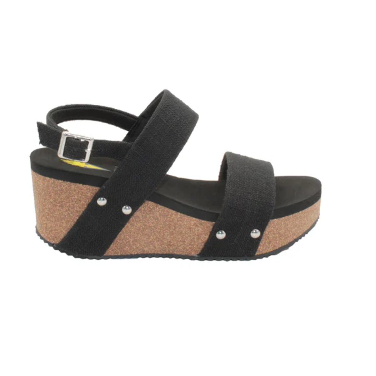 The Summerlove Wedge Sandal in Black Linen by Volatile showcases a black platform with an ankle strap, cork wedge heel, and silver buckle on white. Featuring ultra-comfort EVA insoles, this sandal is the perfect summer staple for any wardrobe.