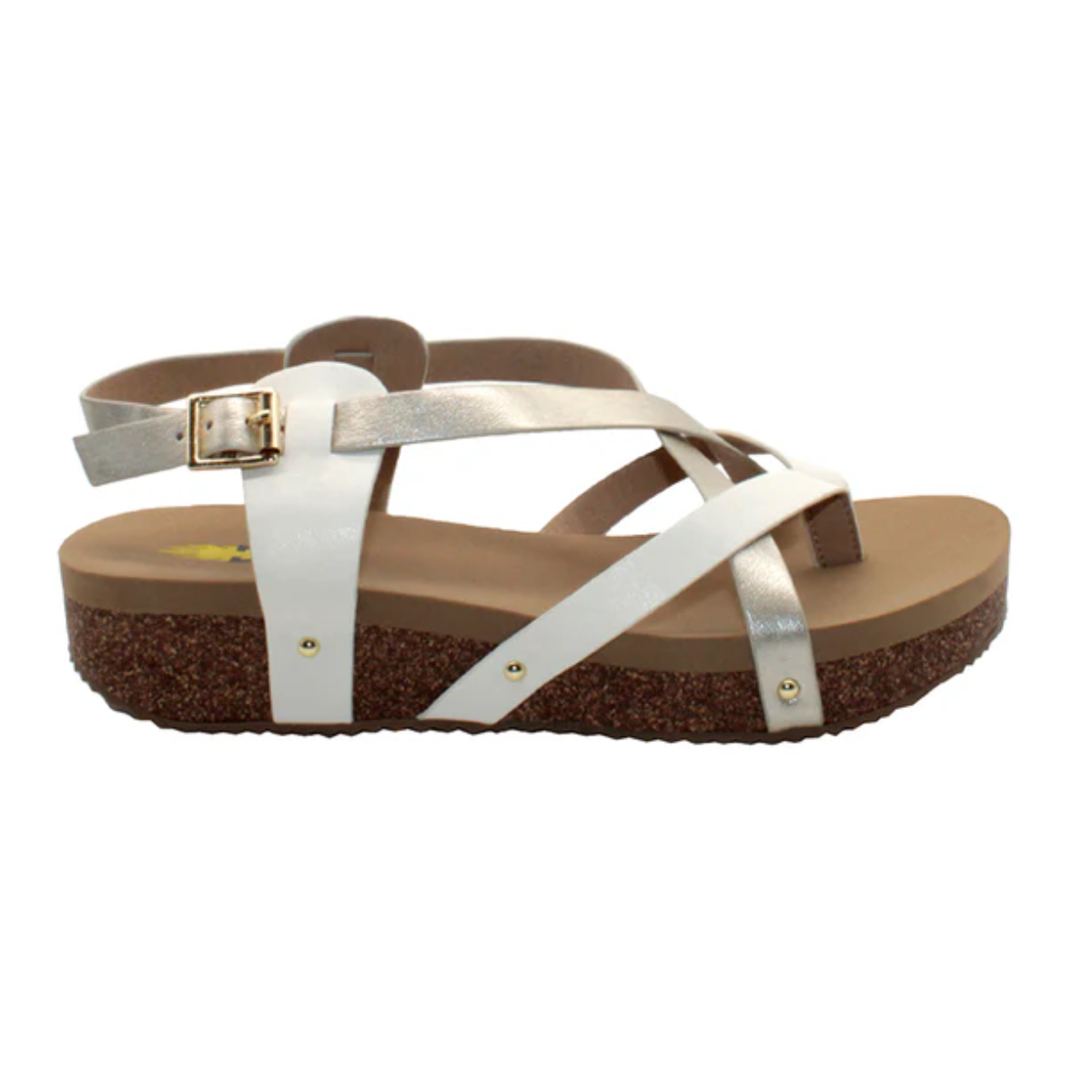 The Engie Low Platform Sandal in Platinum by Volatile, from Flipflops & Whatnots, features a white and metallic strappy thong design with a cork-like platform sole, crafted from neutral metallic vegan leather and includes an ultra-comfort EVA insole for all-day wear.