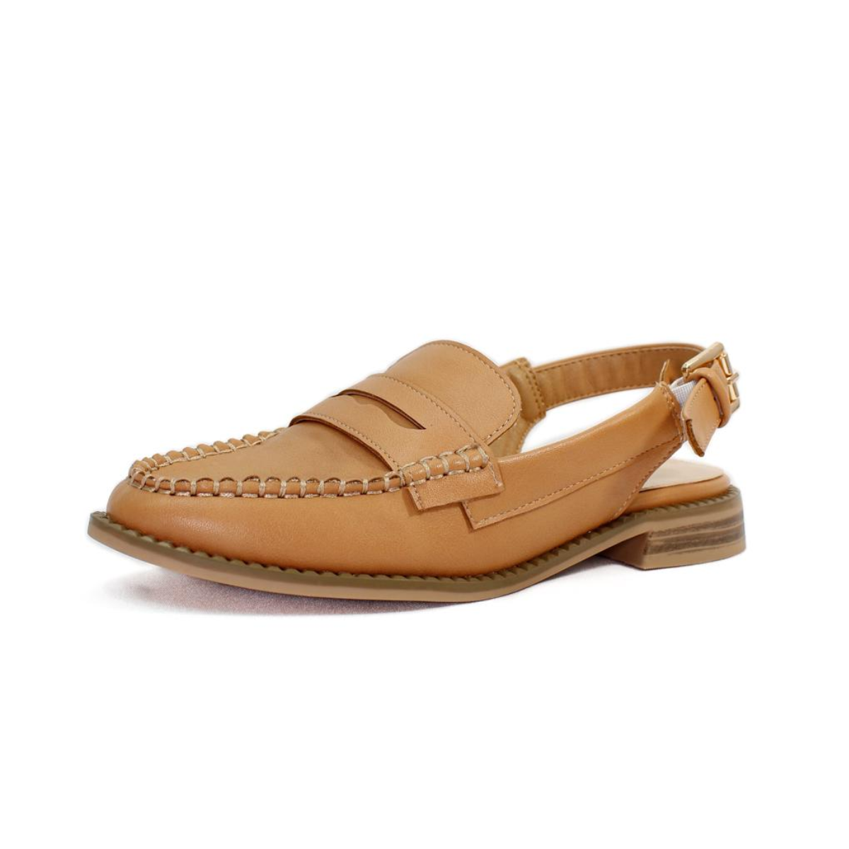 DNK's Somi Pointed Toe Slingback Penny Loafer in Tan showcases a trendy woven design with a low heel.