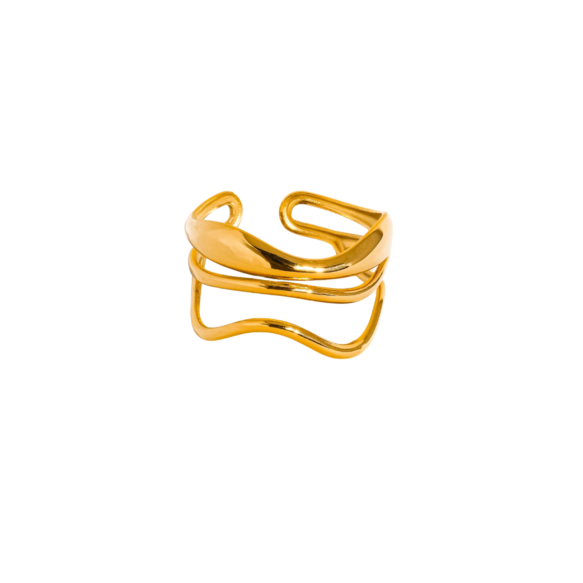 Flanerie's 18K Gold Non-Tarnish Abstract Ring showcases a double wave design with two elegantly connected wavy bands.