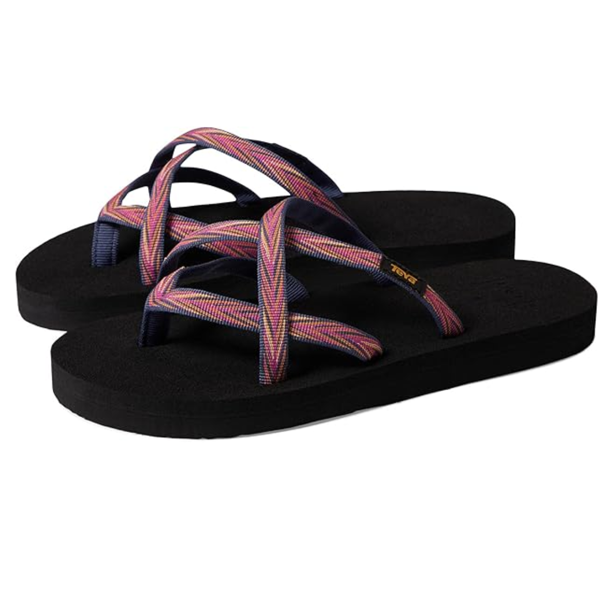 The Kids Teva Olowahu Flip Flop Palm Rose by TEVA features lightweight comfort with pink and blue woven straps made from recycled plastic.