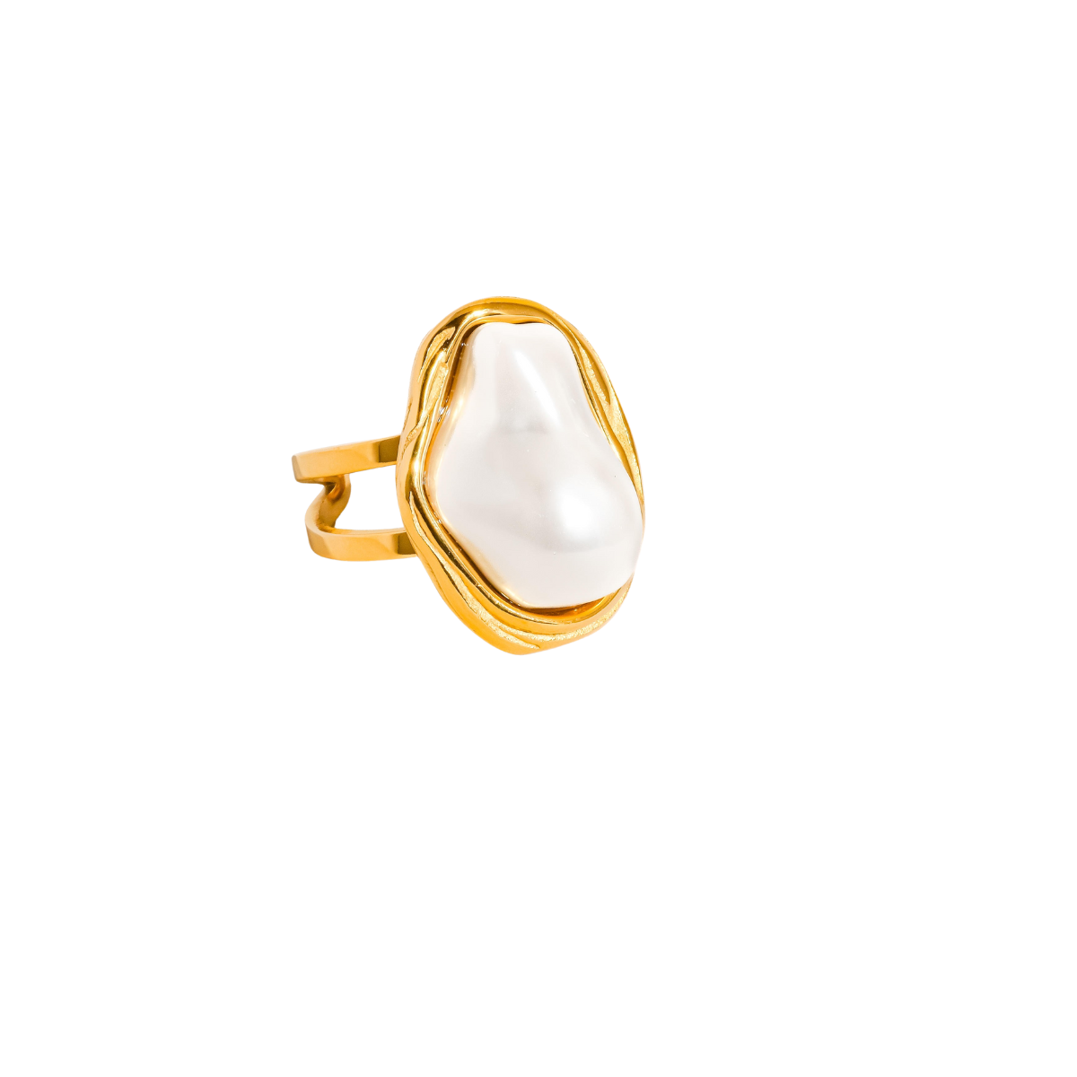 The Fashiongo 18K Gold Non-Tarnish Classic Pearl Ring showcases a large irregular white faux pearl in an ornate gold frame, set against a plain white background.