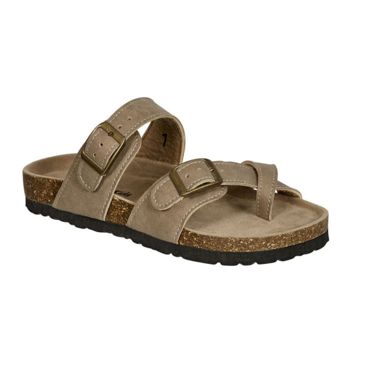 Taupe Kids Outwoods "Birkalike" Bork41 Sandal by Olem Shoe Corp, featuring two adjustable buckles and a cork-like footbed.