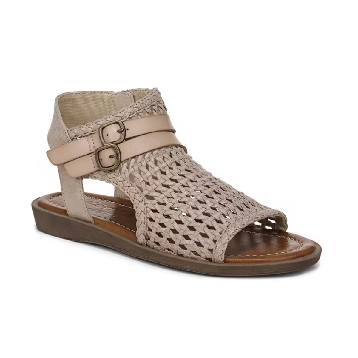 Gold Dream Micro Metallic Sandals by Blowfish for Caleres, showcasing a woven faux-suede design, open toe, flat sole, and adjustable double buckle ankle straps.
