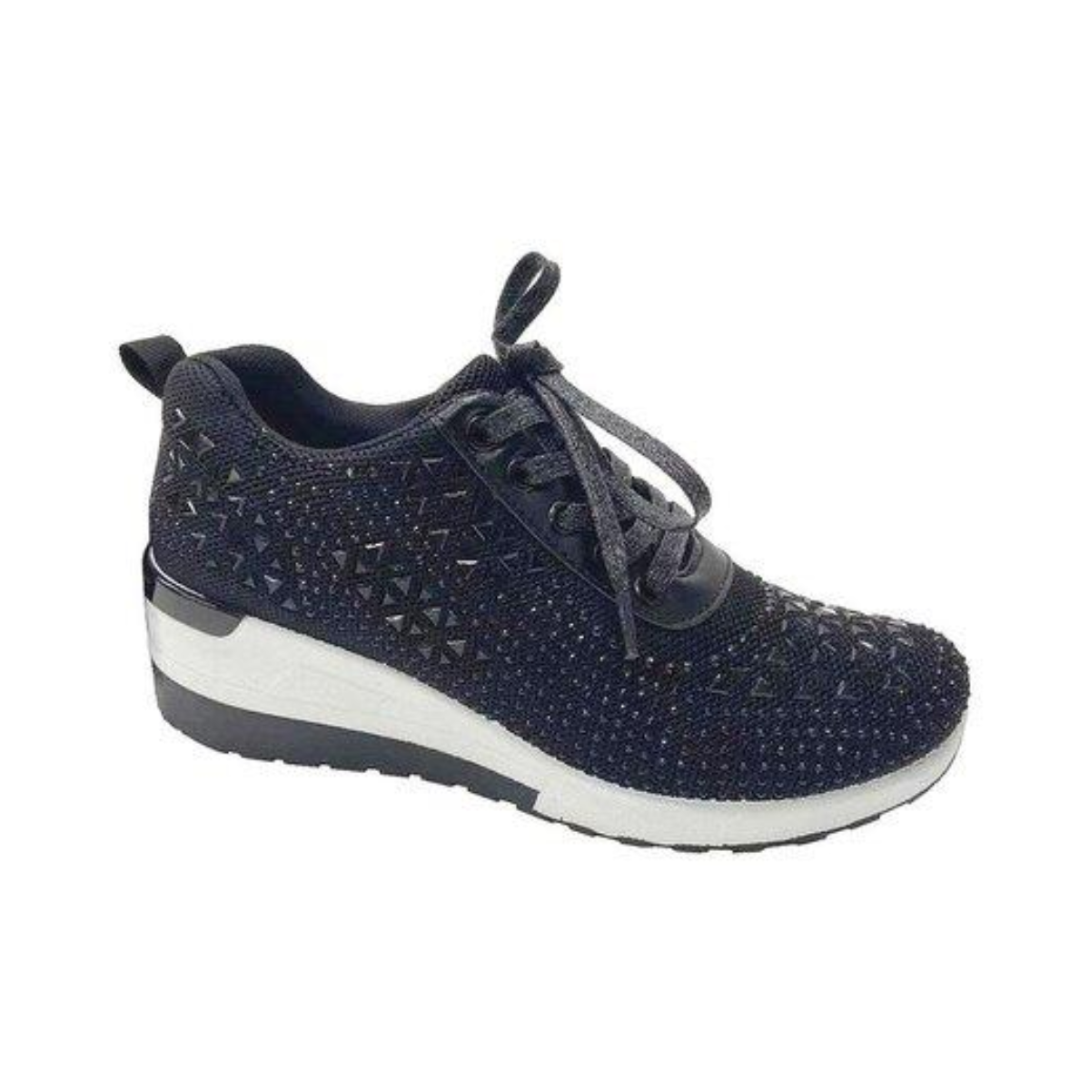 The GND Sparkle Wedge Sneaker in Black features a textured, studded design with laces, a white sole, and a slight heel for added height.
