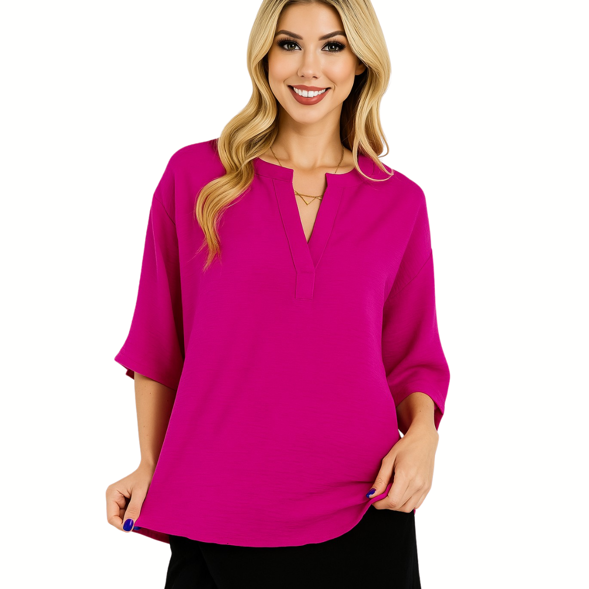 A woman stands and smiles against a white background, wearing the FASHION GO Split Neckline Air Flow Top in Fushia with half sleeves and a loose, flowy fit.