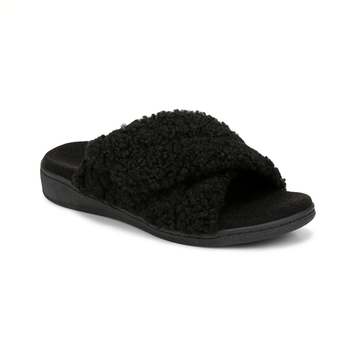 The Vionic Relax Slipper in Black features a textured, fuzzy crisscross strap, cozy slipper-inspired comfort, and a flat sole.