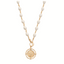 The FASHION GO Medallion Pendant and Pearl Bead Necklace features gold accents, an 18-inch chain, and a round medallion pendant with an engraved classic profile at the center.