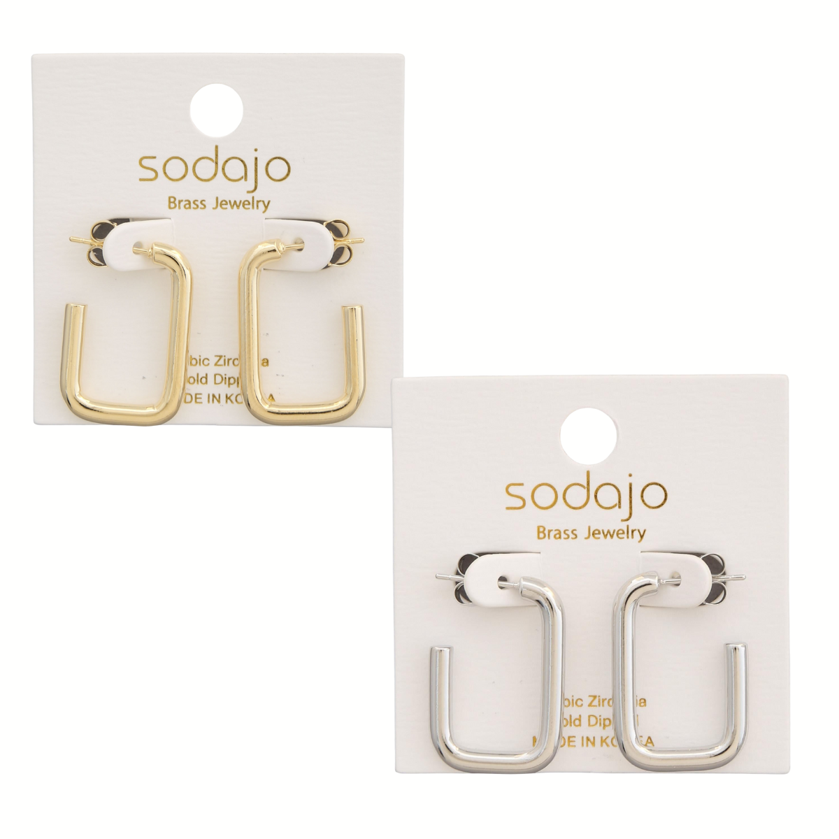 Two pairs of FASHION GO Open Rectangle Gold Dipped Earrings, each displayed on a white Sodajo Brass Jewelry card.