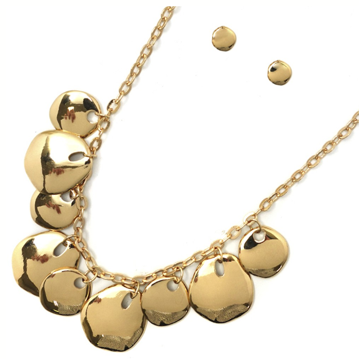 The FASHION GO Metal Round Link Necklace set features an 18-inch gold-tone necklace with large flat disc charms and matching stud earrings, displayed on a white background.