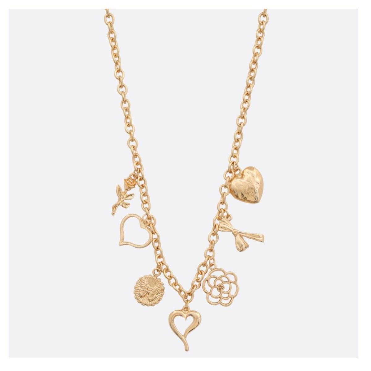 The Heart and Flower Charm Necklace by FASHION GO features six assorted charms—a flower, two hearts, a rose, a daisy, and a cupid—on gold metal, adding playful elegance to any outfit. Displayed on a plain white background.