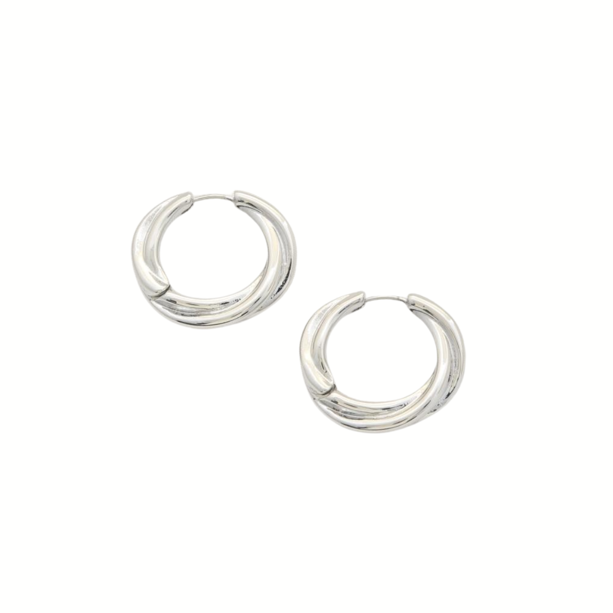 A pair of FASHION GO Round Metal Twisted Hoop Earrings in silver, featuring a chunky, smooth, rounded quarter-sized design, displayed on a white background.
