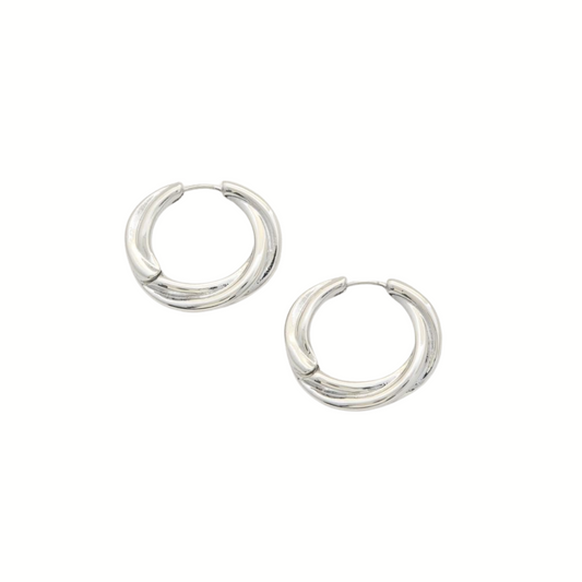A pair of FASHION GO Round Metal Twisted Hoop Earrings in silver, featuring a chunky, smooth, rounded quarter-sized design, displayed on a white background.