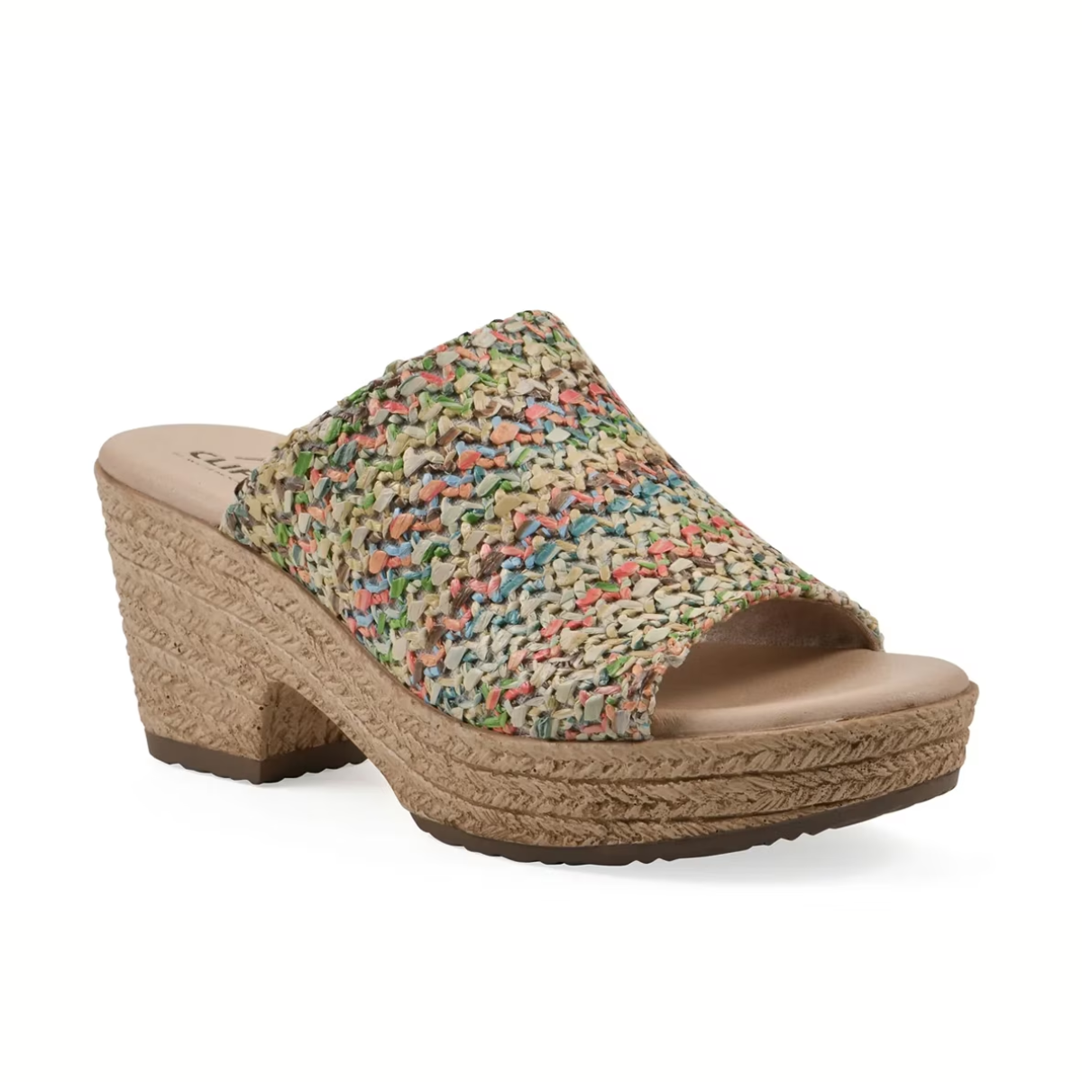 The cliffs Biando Wedge Sandal in Multi features a multicolored woven upper, open toe, cushioned insole, and a textured tan synthetic sole, displayed against a white background.