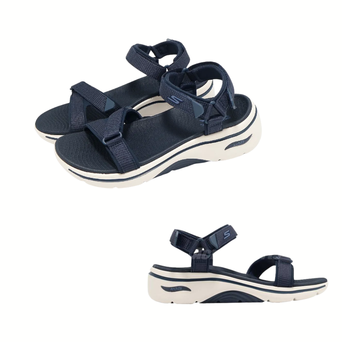 The SKECHERS GO WALK Arch Fit 2.0 Sandal - Exhilarate in Navy features open-toe design, adjustable straps, thick soles, and ULTRA GO cushioning, displayed from angled and side views.