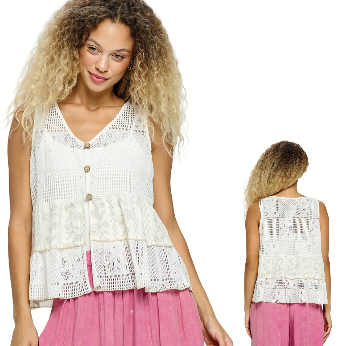 A woman wears the Yak & Yeti Boho Knit Button Up Vest, a sleeveless white crochet top with a tiered design, paired with a pink skirt. Both front and back views of this feminine outfit are shown.