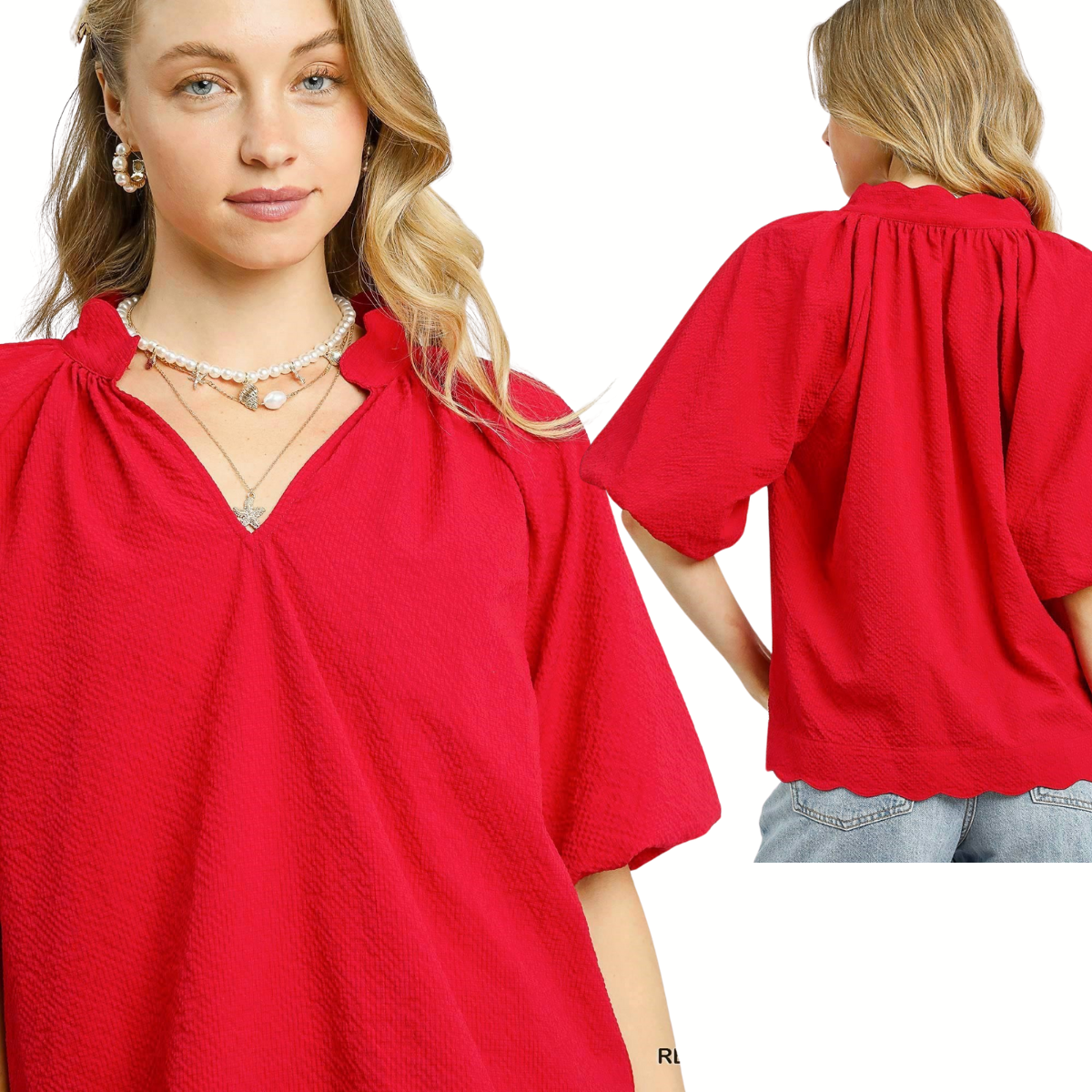 A woman wears the Umgee Bubbled Sleeved Seersucker Top in Red, featuring short bubble sleeves, a scalloped V-neckline, and textured seersucker fabric; shown from both front and back views.