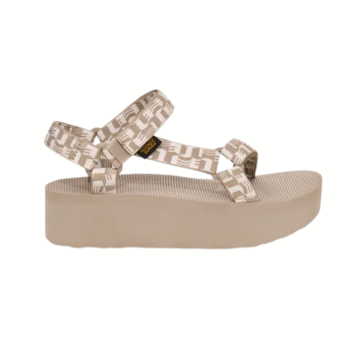 The TEVA Flatform Universal Glisten in Simply Taupe features patterned recycled polyester straps, an adjustable ankle buckle, and a thick textured sole. Shown on a white background, this vegan sandal blends comfort and eco-conscious style.
