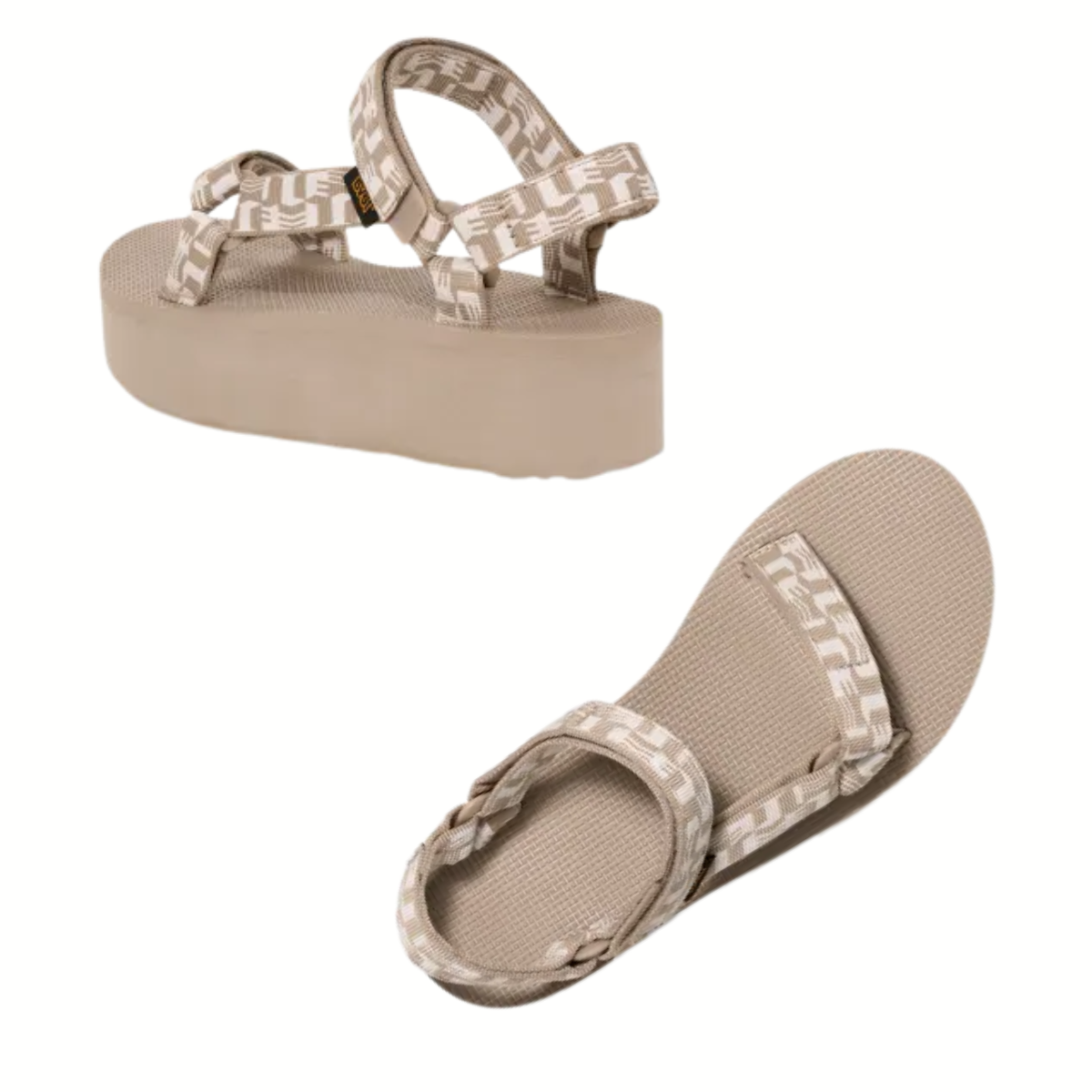 The TEVA Flatform Universal Glisten sandals in Simply Taupe feature beige recycled polyester straps with a patterned design and adjustable closures. Shown side and top view on a white background for a sustainable, stylish look.