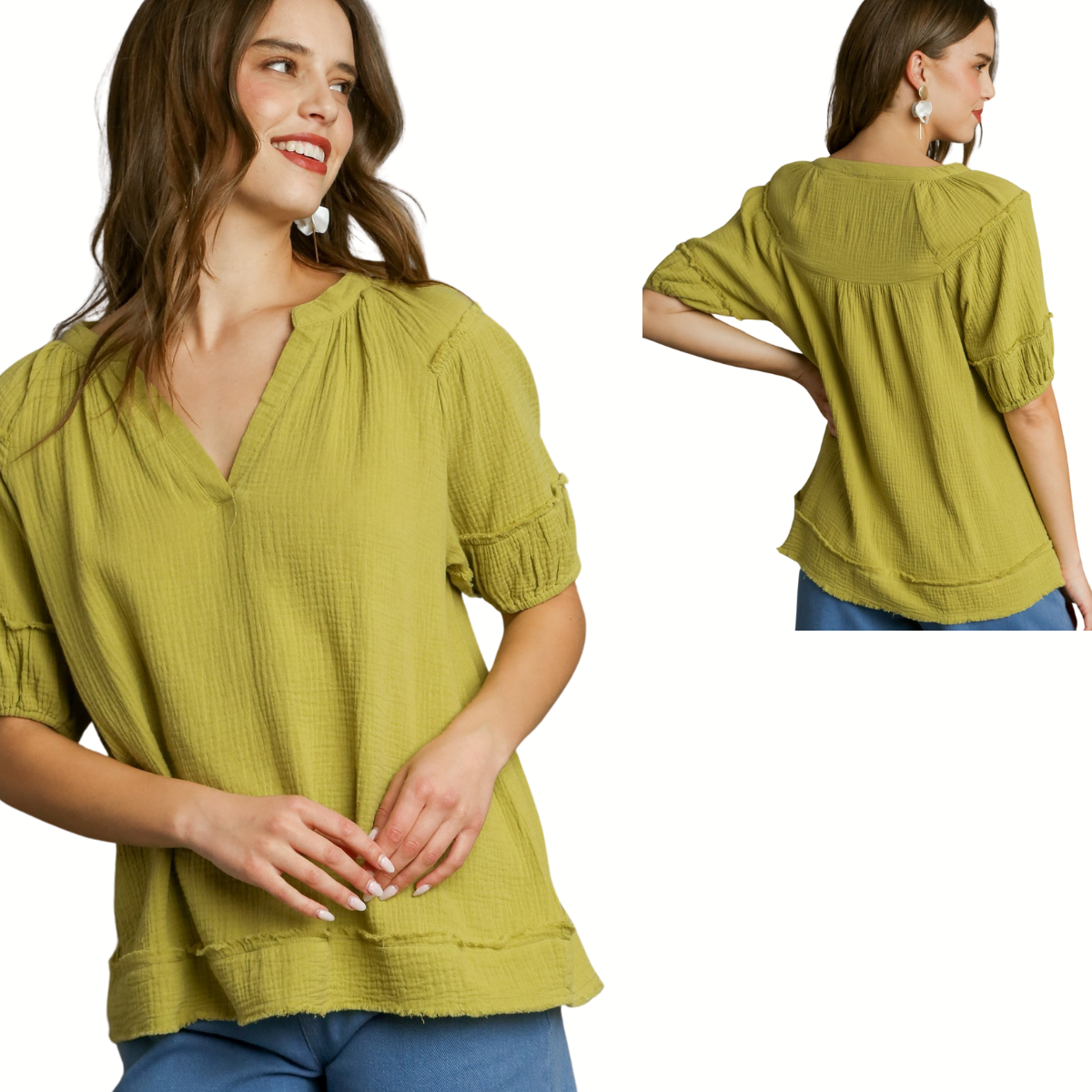 Woman wearing the Umgee V-Neck Cotton Gauze Top with puff ruffle sleeves and frayed hem, shown from the front and back, paired with blue pants.