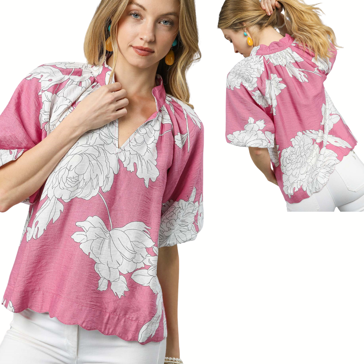 Model wears the Umgee Rose Print Blouse, featuring a stunning white floral design with dark mauve accents. Shown from front and back, it’s paired with white pants for an elegant look.