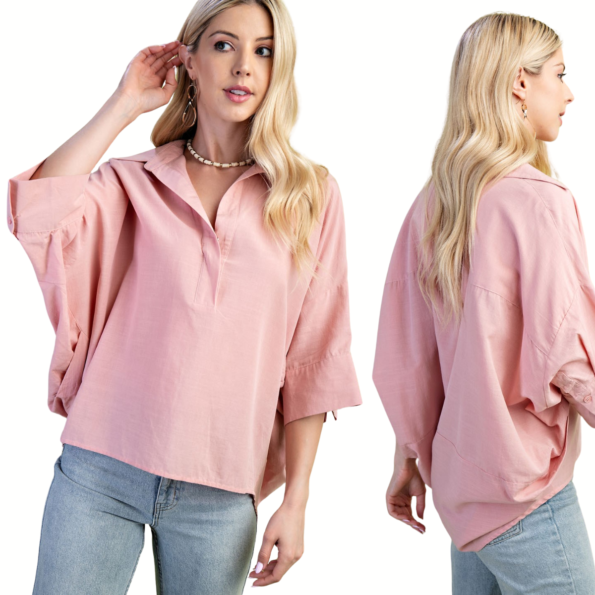 Model wears the FASHION GO Lightweight V-Neck Popover Shirt in light pink viscose with three-quarter sleeves and a loose fit, paired with light blue jeans; shown from front and back on a white background.