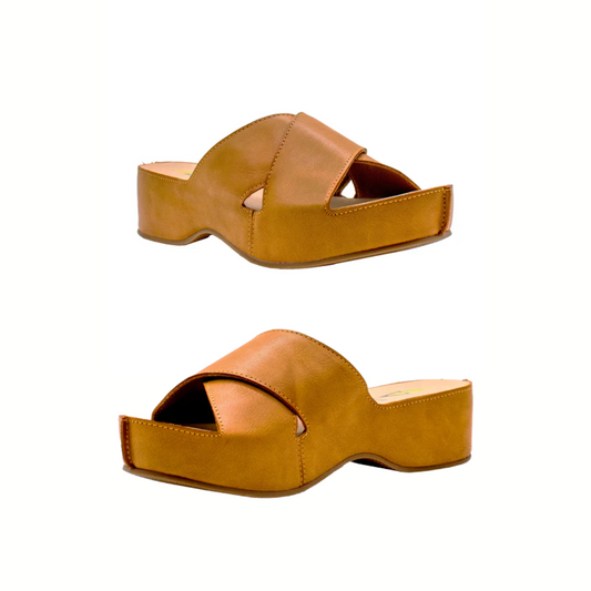 The Edith Platform Sandals in Tan by Volatile combine style and comfort, featuring wide crisscross straps, open toes, and a cushioned EVA insole. Displayed from multiple angles on a white background.