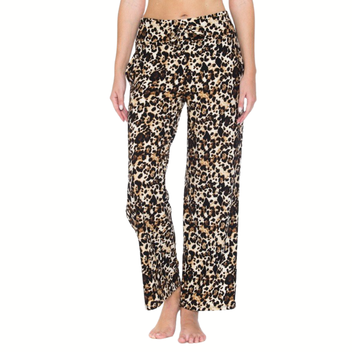 A person models FASHION GO's buttery soft pajama pants with drawstring, featuring a leopard print, while standing barefoot against a plain white background.
