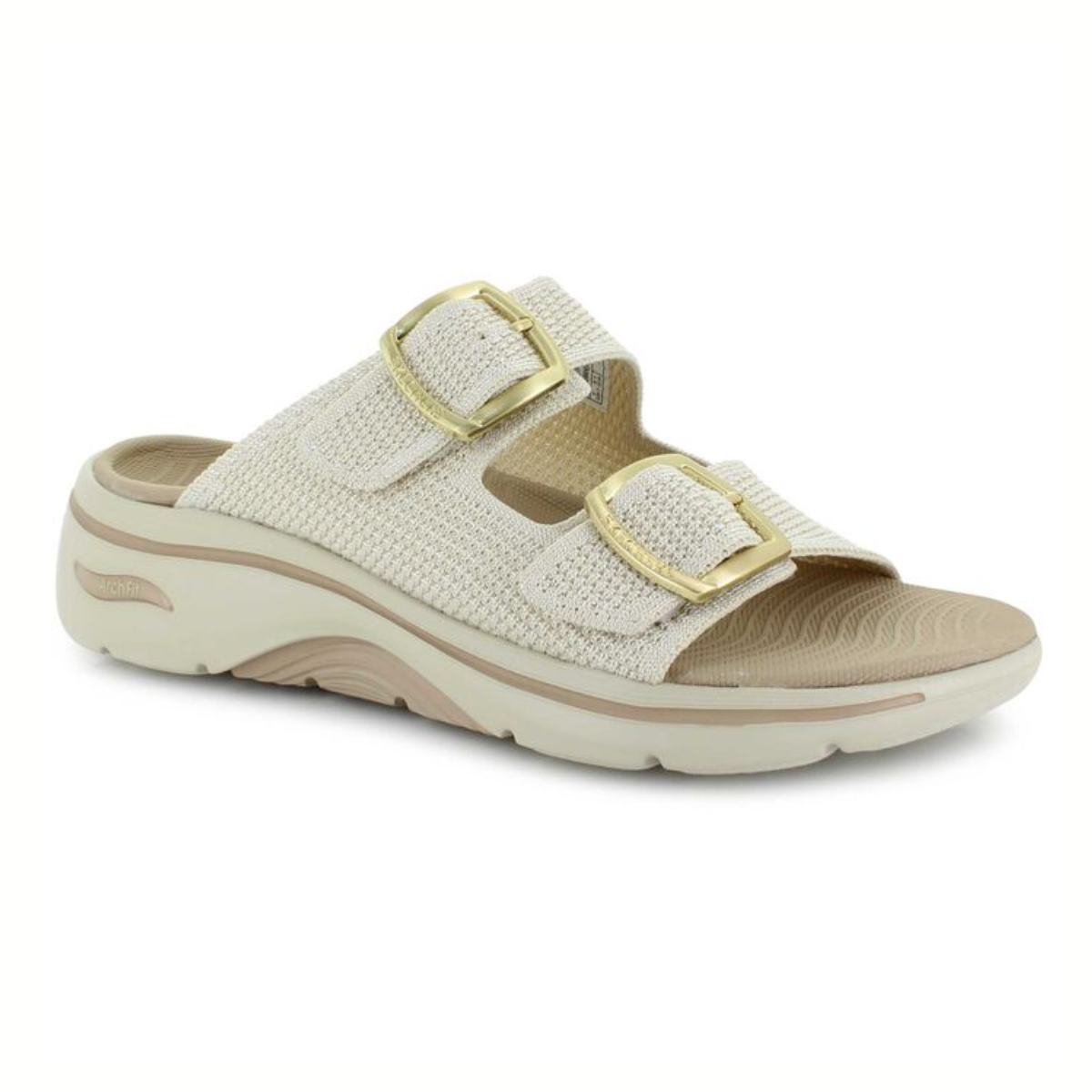 The Skechers GO WALK Arch Fit 2.0 Sandal - Chloe by SKECHERS USA INC is a beige sandal with a textured upper, two gold buckle straps, and a thick contoured sole featuring Comfort Pillar Technology for support.