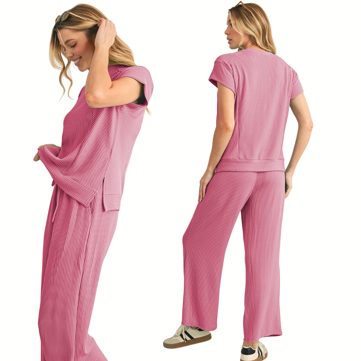 Two women model the Shewin Corded Spring T Shirt And Wide Leg Pants Set, a matching pink ribbed loungewear outfit with short sleeves and wide leg pants, shown from the front and back against a white background.