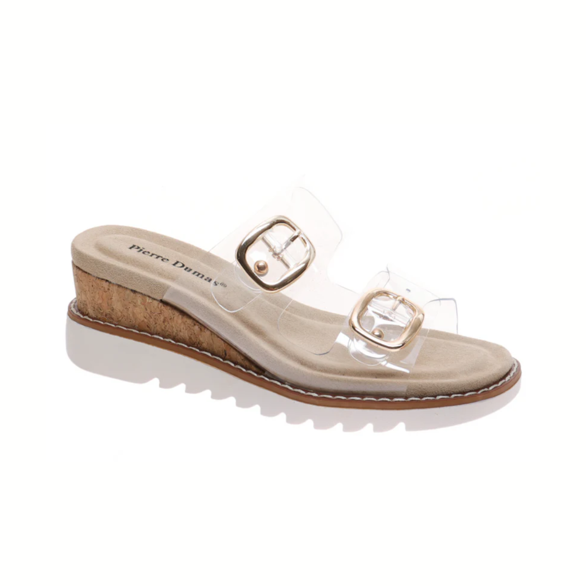 The OLEM SHOE CORP Expand-2 Clear Straps are beige wedge sandals with cork soles, clear straps, two gold buckles, a comfort cushioned footbed, white stitching, and chunky serrated white rubber outsoles.