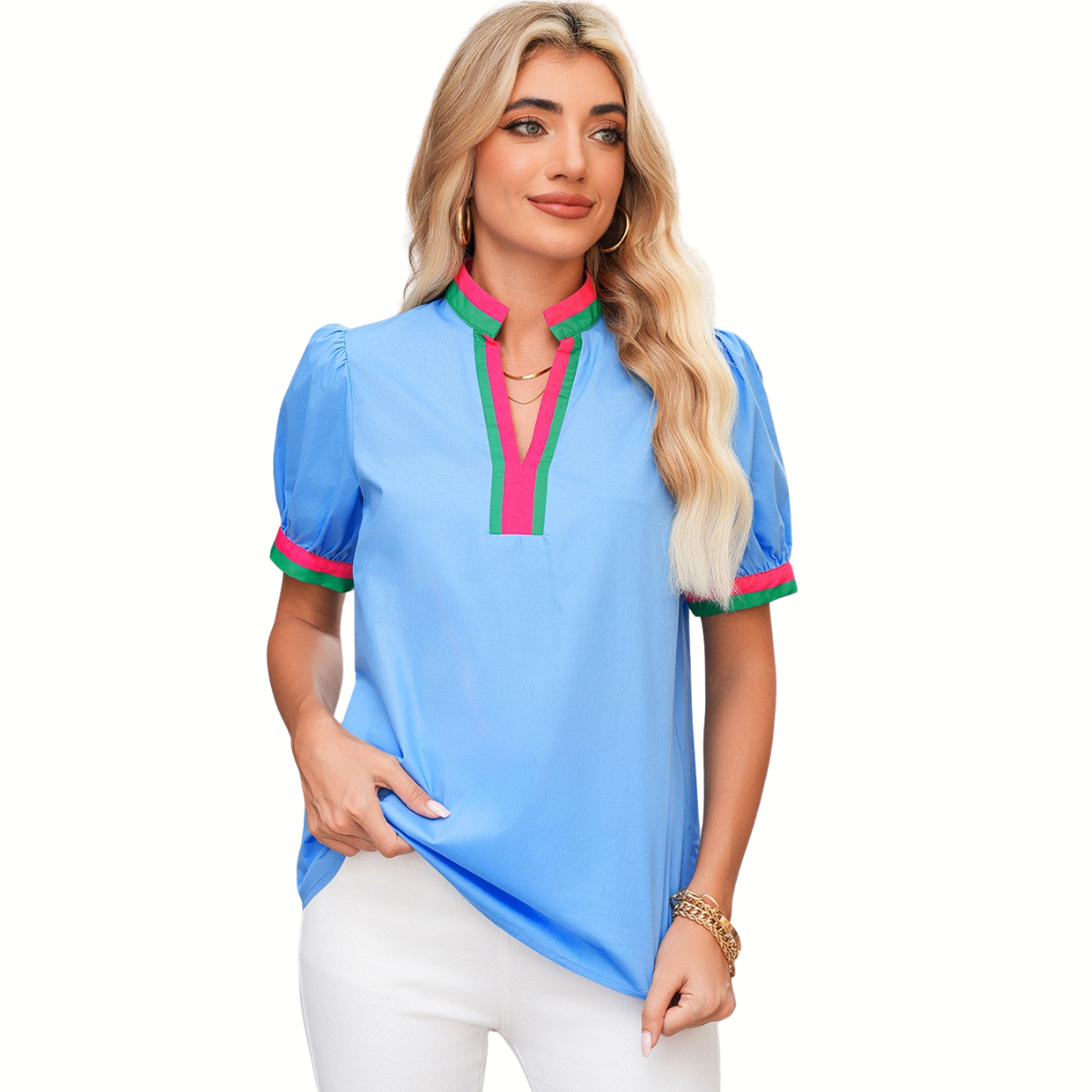 A woman models the Shewin Striped V-neck Puff Sleeve Top with pink and green trim, paired with white pants and gold jewelry, against a plain white background.