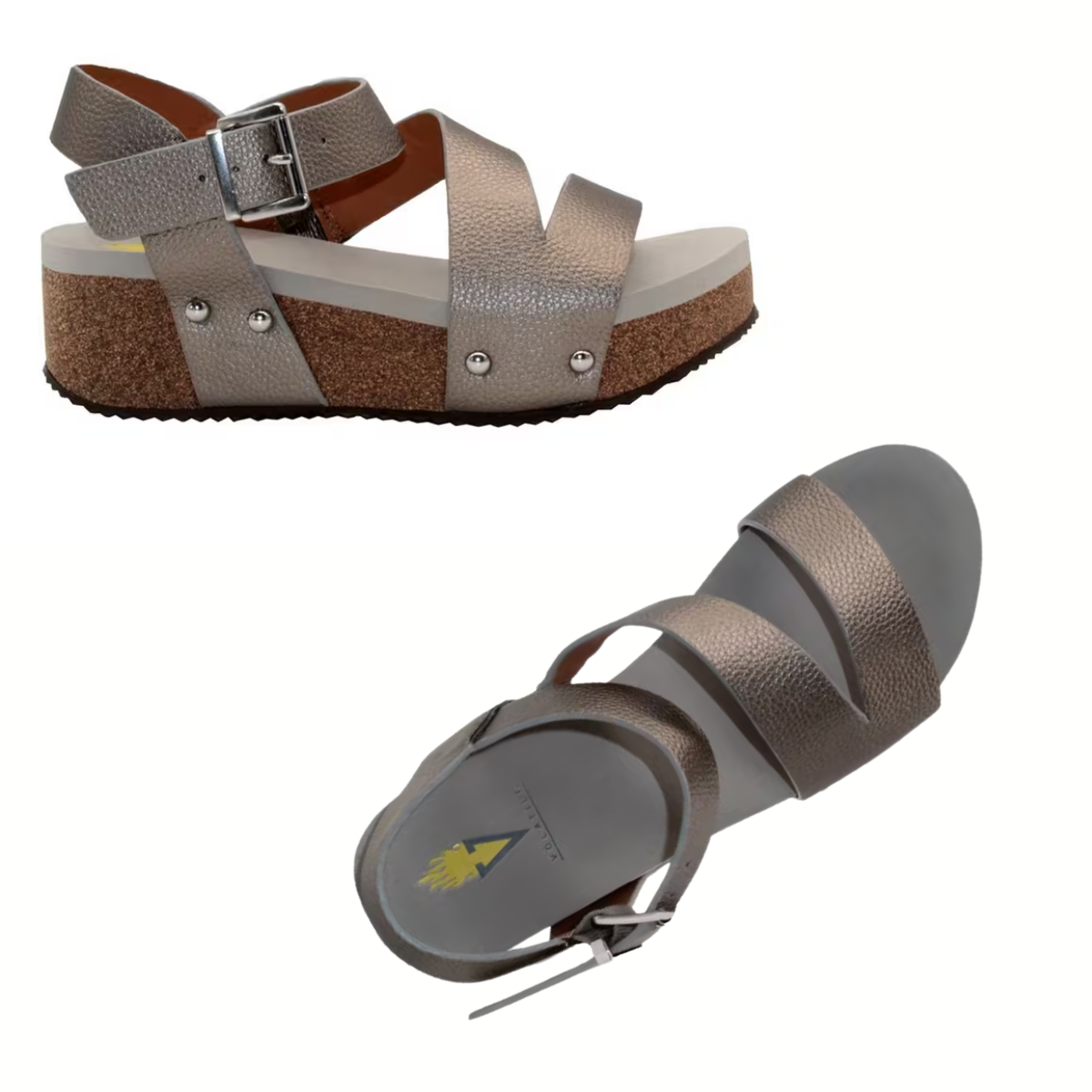 The Biloxi Platform Sandal in Pewter by Volatile - Rosenthal & Rosenthal features a metallic gray finish, cork wedge sole, buckle ankle strap, and two wide front straps, shown in side and top views on a white background.