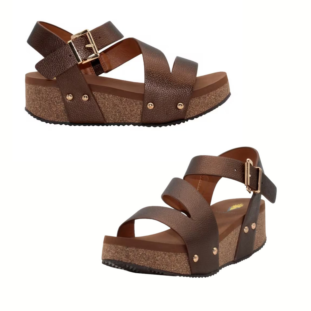The Biloxi Platform Sandal in Bronze by Volatile - Rosenthal & Rosenthal features textured vegan leather straps, an adjustable gold buckle, and a cork wedge sole, shown from two angles on a white background.