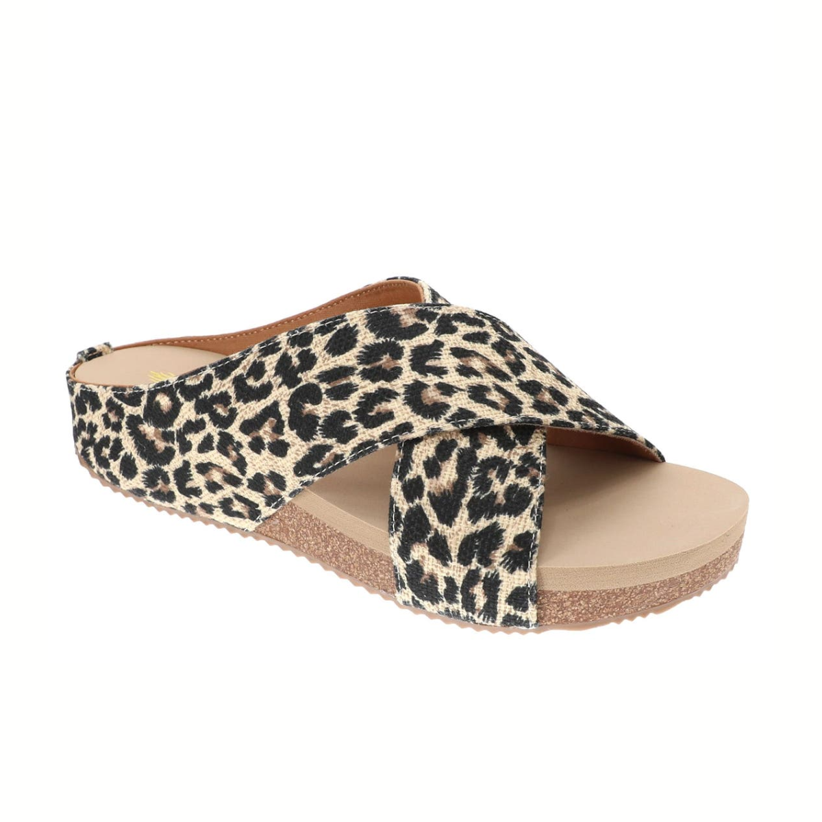 The Ablette Slide Sandal in Leopard Linen by Volatile from PV Footwear features bold leopard print crisscross straps, a cork-covered wedge, and an ultra-comfort EVA insole for all-day support.