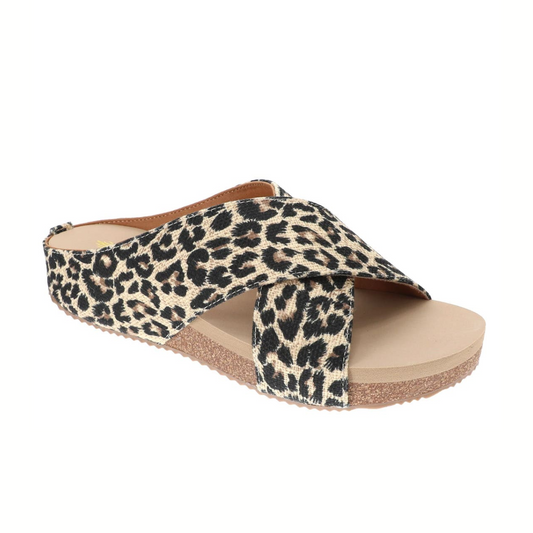 The Ablette Slide Sandal in Leopard Linen by Volatile from PV Footwear features bold leopard print crisscross straps, a cork-covered wedge, and an ultra-comfort EVA insole for all-day support.