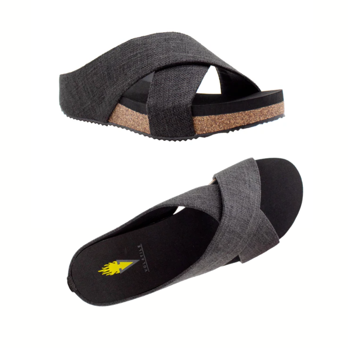 The Ablette Slide Sandal in Black Linen by PV Footwear features black fabric crisscross straps, cork-covered wedge soles, and an ultra-comfort EVA insole. Shown from side and top views on a white background.