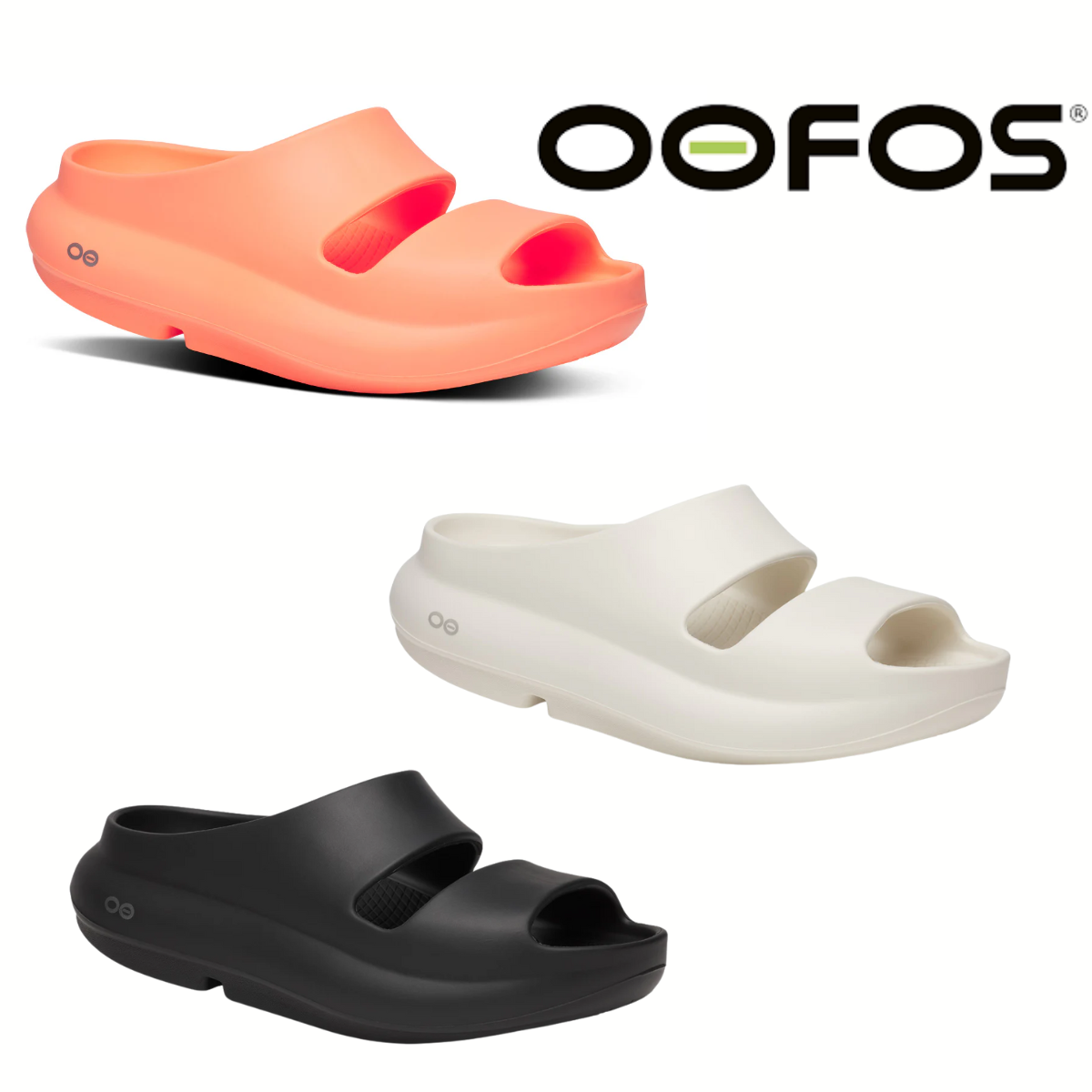 Three Women's OOyea Slide Sandals by OOFOS in coral, white, and black are shown on a white background with the OOFOS logo, showcasing their OOfoam™ comfort and supportive footbed stability.