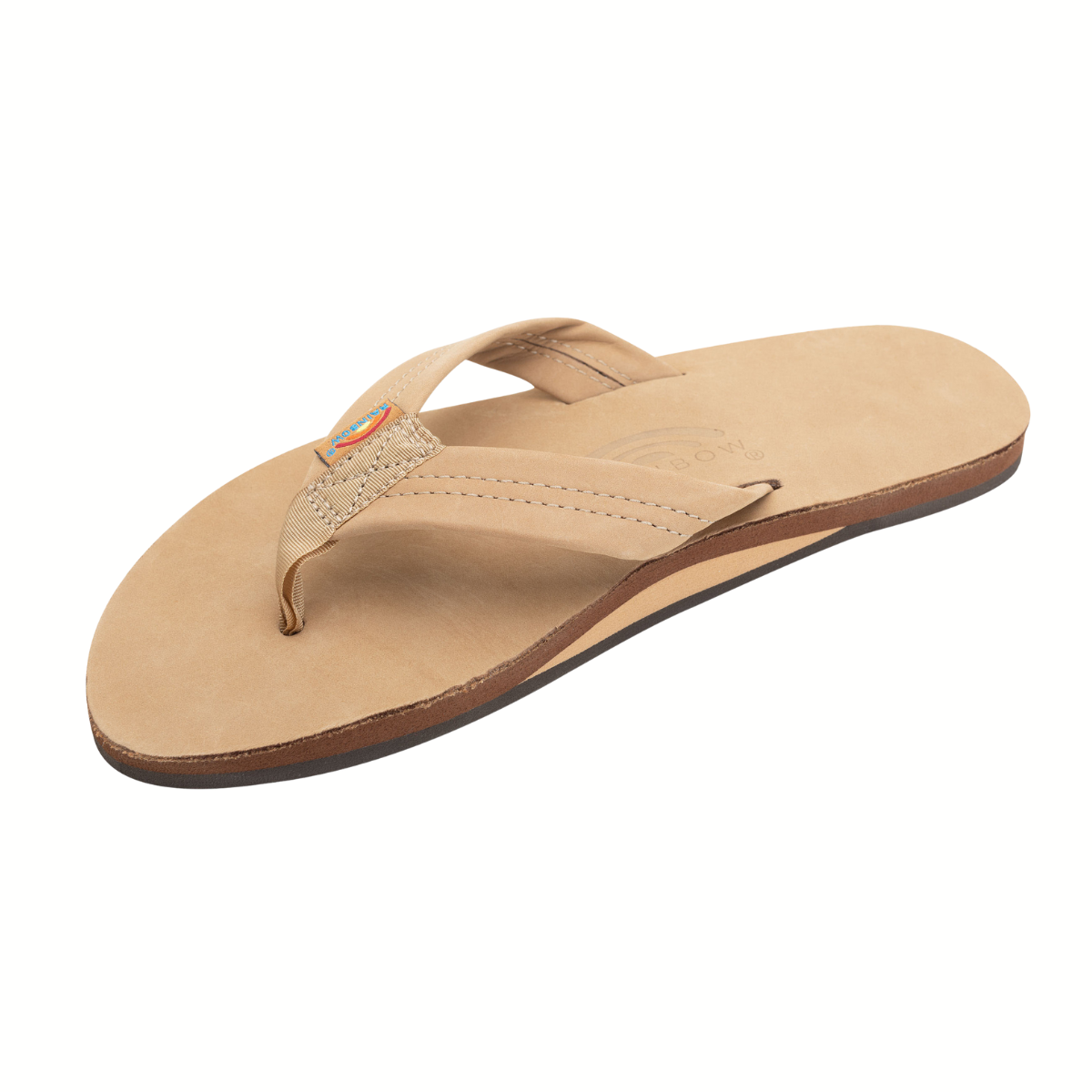 The Rainbow Sandals Single Layer Premier Leather with Arch Support 1" Strap Men's flip-flop features tan nubuck leather, a stitched strap, flat sole, and classic single layer arch support, shown on a white background.