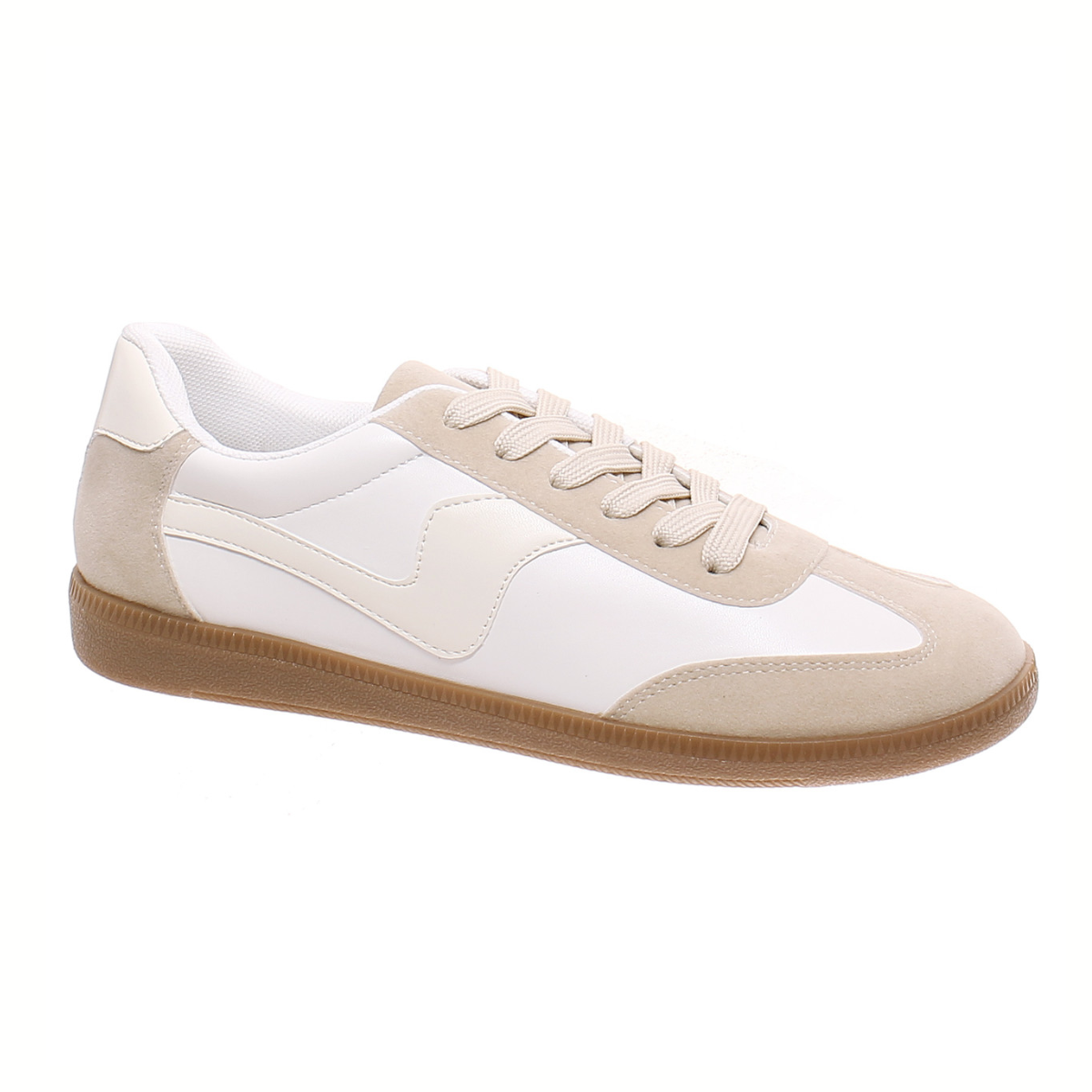 The Olem Great-1 Sneaker in Ivory features a white and beige synthetic upper, gum sole, white laces, and a simple low-top design.