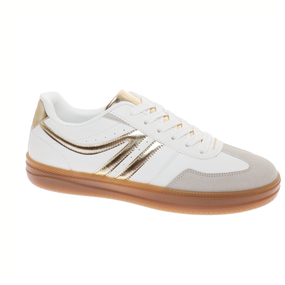The Olem Giana-2 Gold Combo Sneaker features gold metallic accents, a suede toe, gum rubber sole, and white laces—versatile footwear perfect for dressier casual looks, shown here on a plain white background.